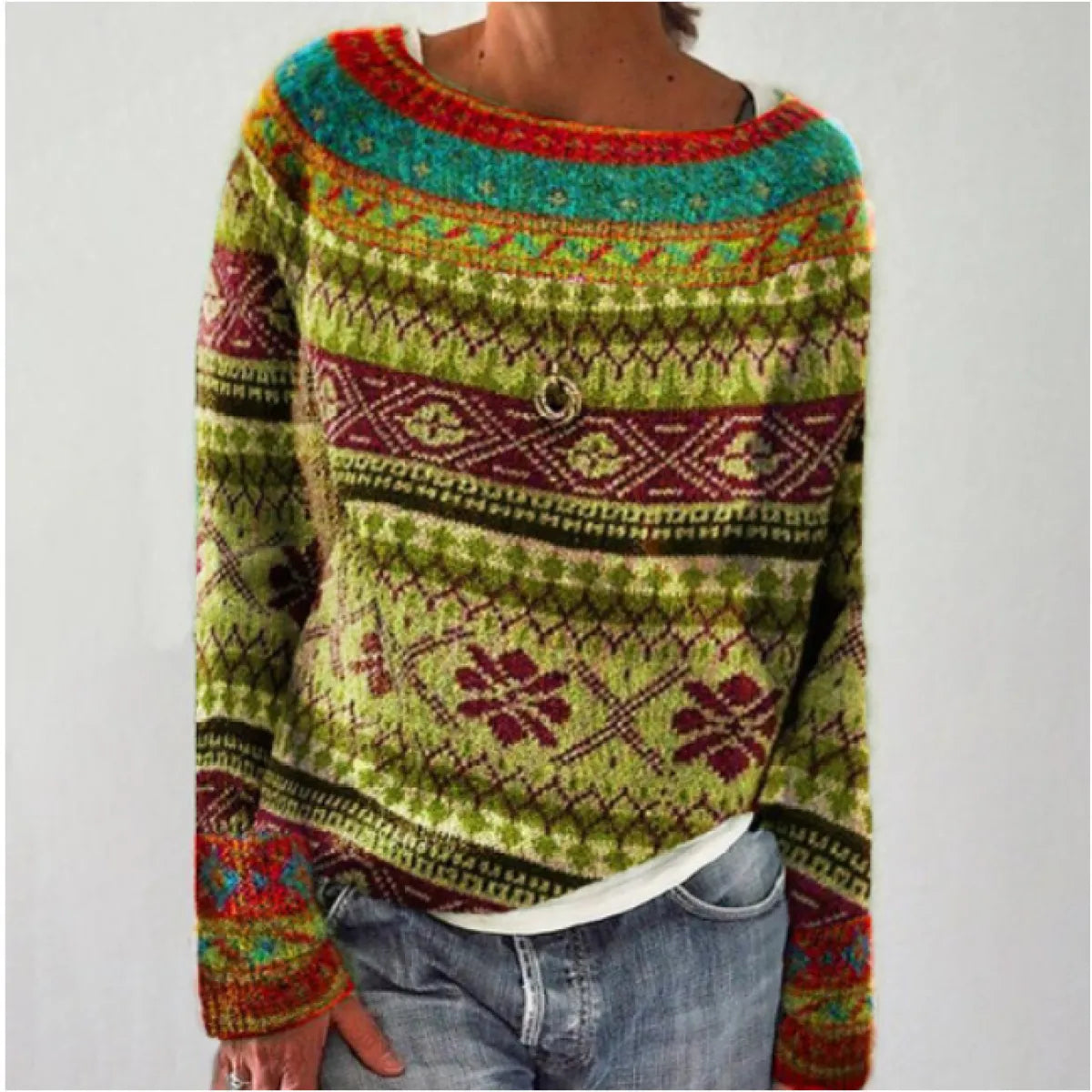 Women's Multicolor Round Neck Loose Knit Sweater