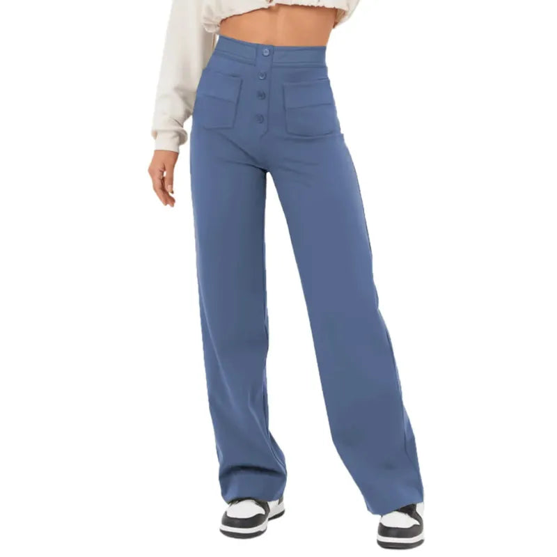 Casual High Waist Button Straight Pants