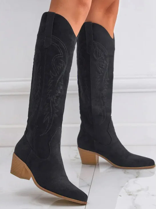 Chunky Heel Knee-high Embroidery Slip-on Middle Boots