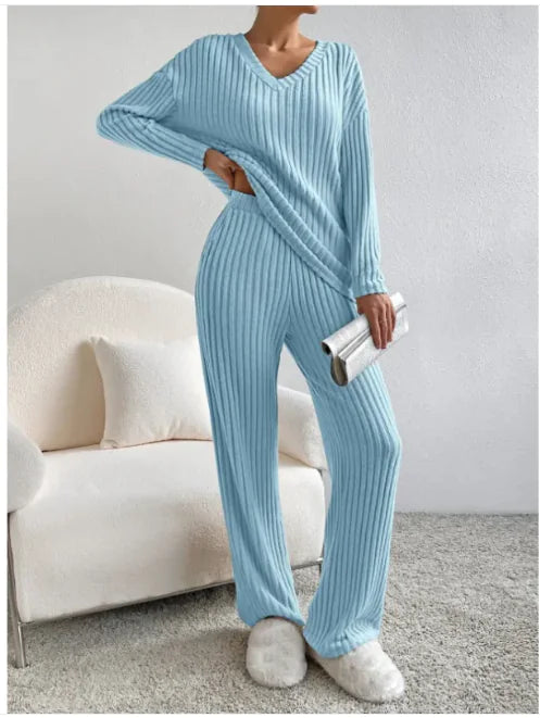 V-Neck Striped Suit & Straight-Leg Pants Set