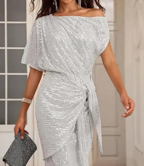 Chic Beaded Asymmetry Dress